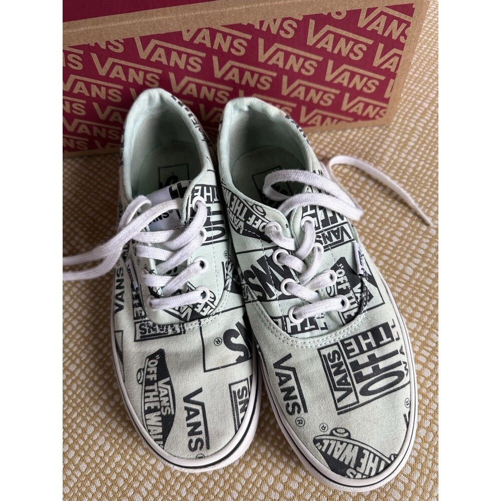 VANS Logo Print Light Green Black White Women's Canvas Sneakers 721356